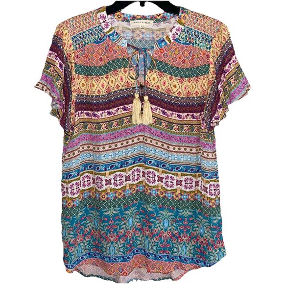 Farmers Market Boho Tunic Top XL Peasant Flowy Colorful Print Casual Keyhole - Picture 1 of 11